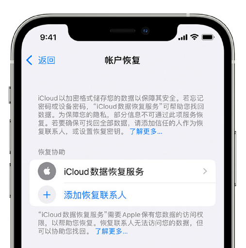 肇州苹果手机维修分享在 iPhone 上设置帐户恢复联系人的方法 