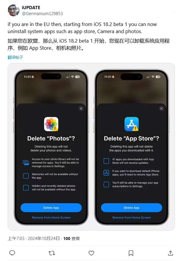 肇州苹果手机维修分享iOS 18.2 支持删除 App Store 应用商店 