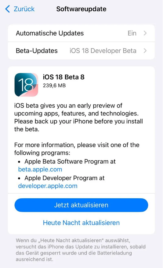 肇州苹果手机维修分享苹果 iOS / iPadOS 18 开发者预览版 Beta 8 发布 